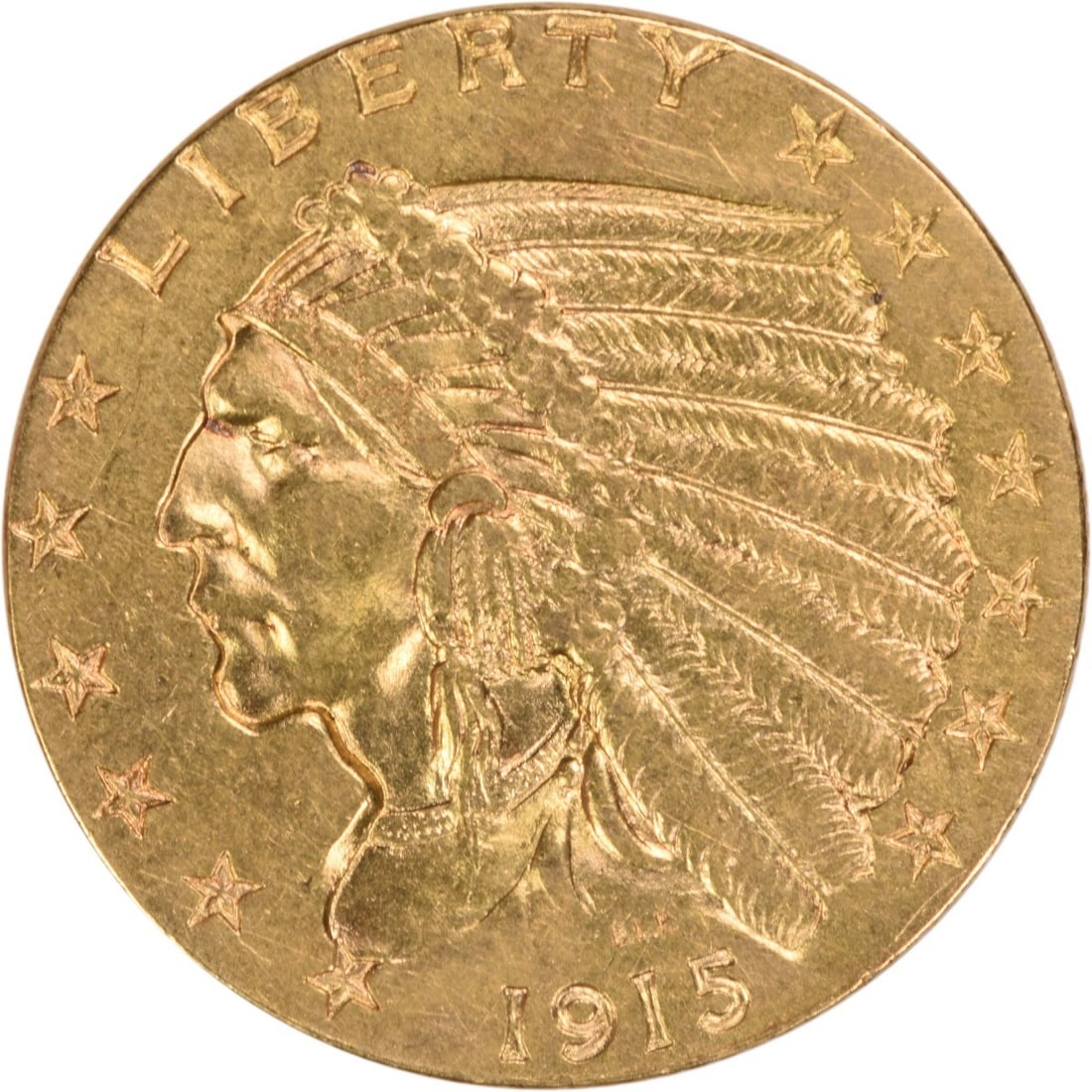 1915 Indian Head $2.50 Gold Quarter Eagle AU Grade Uncertified Coin: 1915 Indian Head $2.50 Gold Quarter Eagle AU Grade Uncertified Coin This 1915 $2.50 Gold Indian coin is an attractive example struck at the Philadelphia Mint. Designed by Bela Lyon Pratt, it features