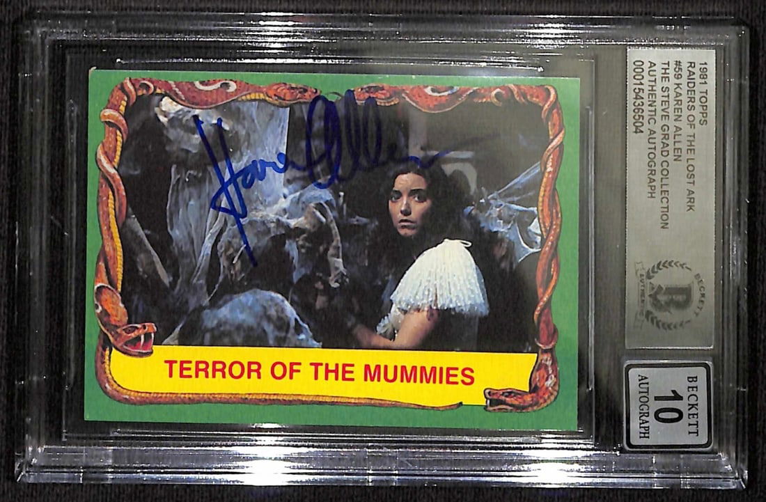 Karen Allen Signed 1981 Topps Indiana Jones #59 Beckett 10: Karen Allen Signed 1981 Topps Indiana Jones #59 Beckett 10 This is an autographed 1981 Topps Indiana Jones trading card featuring Karen Allen as Marion Ravenswood, from the iconic film "Raiders of the