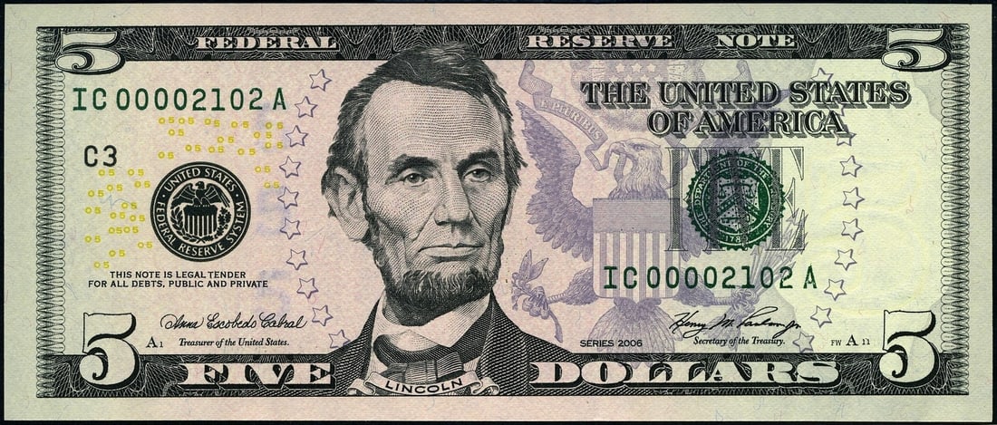 2006 $5 Federal Reserve Note Philadelphia IC-A Block Gem CU (1 of 2)