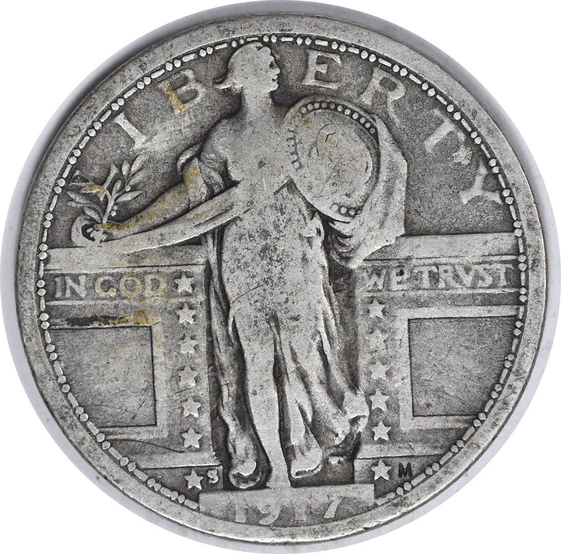 1917-S Standing Liberty Silver Quarter F Uncertified 90% Silver 25C: 1917-S Standing Liberty Silver Quarter F Uncertified 90% Silver 25C This 1917-S Standing Liberty Silver Quarter is a notable piece from the San Francisco mint, featuring a classic design by Hermon A.