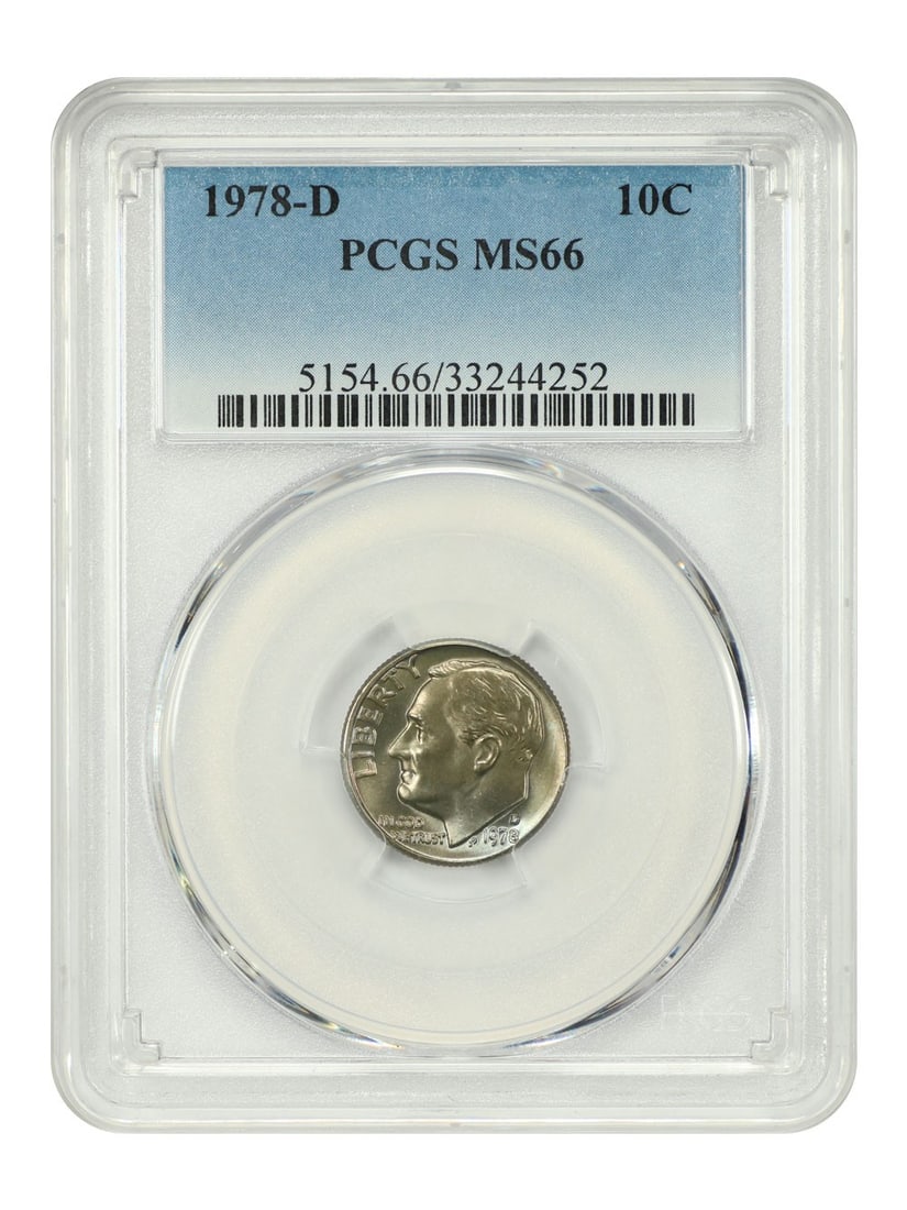 PCGS MS66 1978 Denver Roosevelt Dime 10 Cent Coin: PCGS MS66 1978 Denver Roosevelt Dime 10 Cent Coin This is a 1978-D Roosevelt Dime graded MS66 by PCGS. The coin is uncirculated and was minted in Denver. It belongs to the Roosevelt Dime series and is