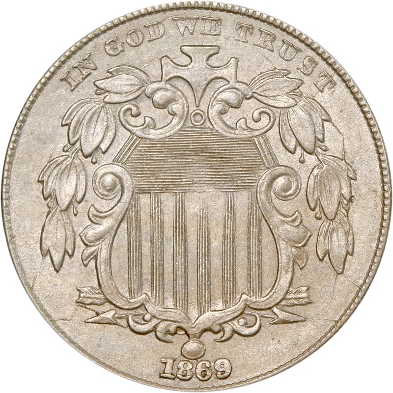 United States 1869 Nickel Shield Five Cent Circulated Coin: United States 1869 Nickel Shield Five Cent Circulated Coin This is an 1869 Shield Nickel from the United States. The coin is circulated and made of nickel composition. It is classified as pre-owned an