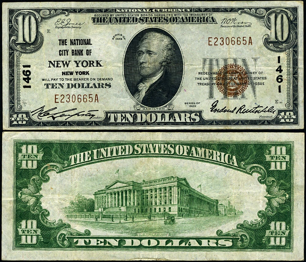 1929 T-1 $10 National Bank Note New York NY Ch #1461 VF+ (1 of 3)