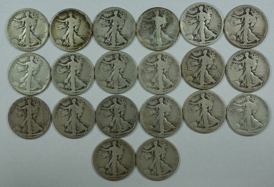 Roll of 20 1921-S Walking Liberty Half Dollars 90 Percent Silver Circulated Coins (1 of 4)