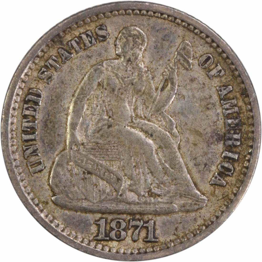 1871 Liberty Seated Half Dime Silver EF Uncertified Coin: 1871 Liberty Seated Half Dime Silver EF Uncertified Coin This 1871 Liberty Seated Silver Half Dime showcases a rich history with its beautiful design by Christian Gobrecht. Struck in Philadelphia, thi