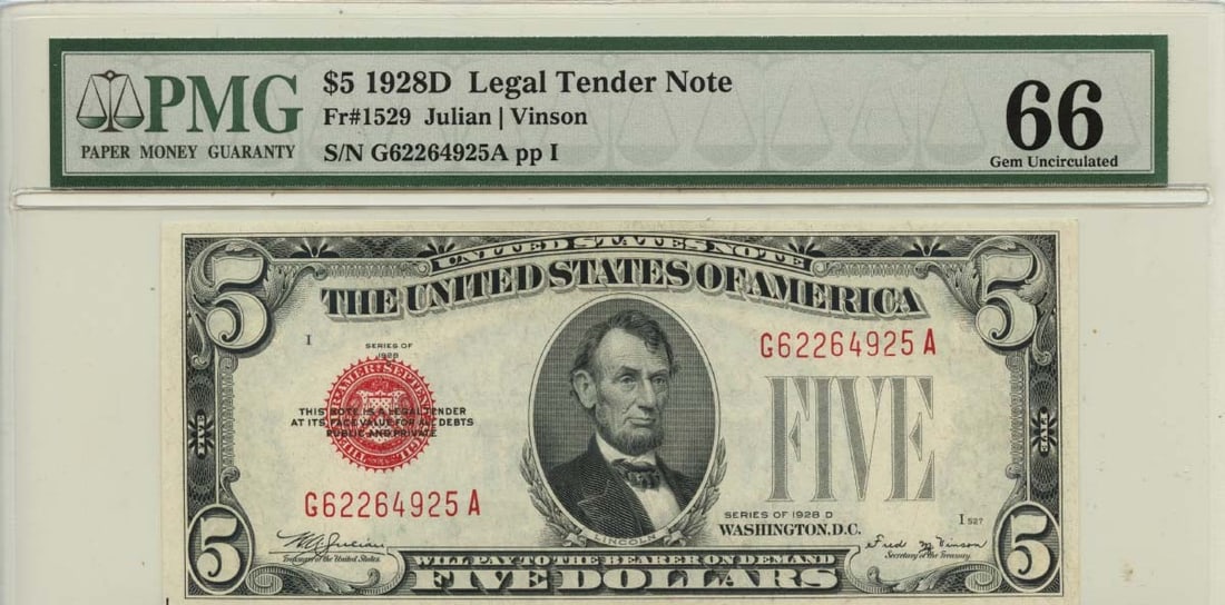 PMG Gem 66 1928D Five Dollar Red Seal Legal Tender Note Fr 1529: PMG Gem 66 1928D Five Dollar Red Seal Legal Tender Note Fr 1529 This 1928D $5 legal tender note features a red seal and is designated as Fr# 1529. Certified by PMG with a grade of Gem66, this uncircul