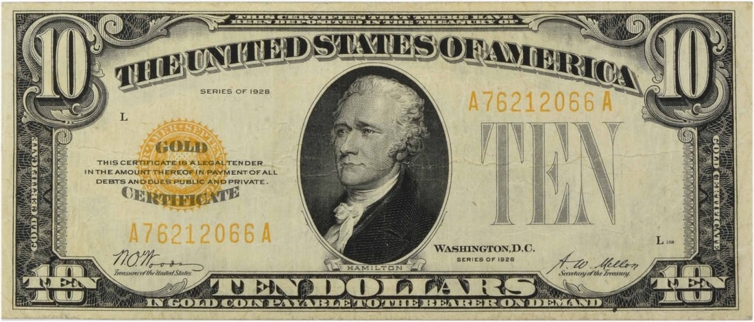1928 $10 Small Gold Certificate FR2400 Circulated Uncertified (1 of 2)