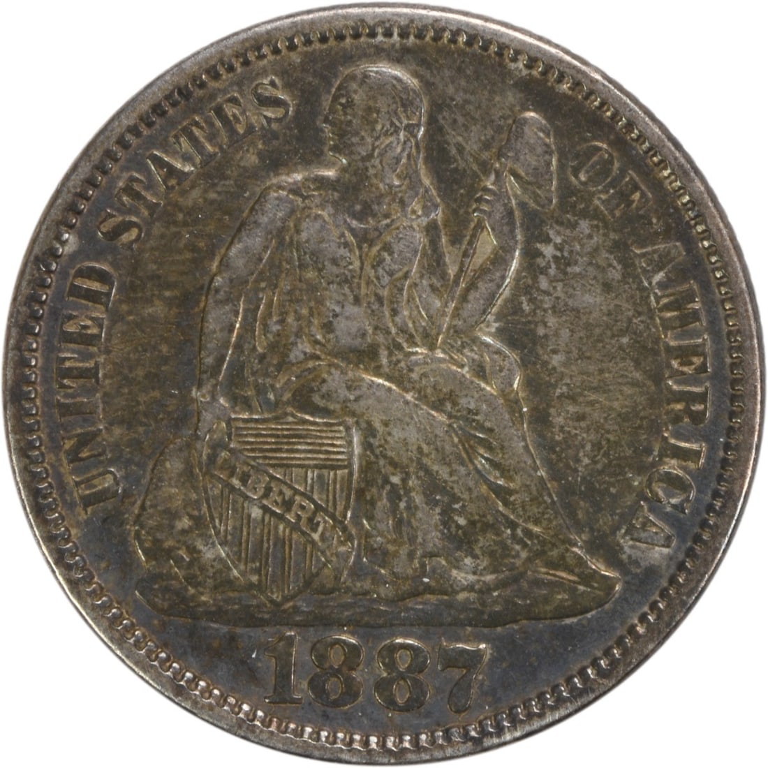 1887 Liberty Seated Silver Dime AU Christian Gobrecht Design: 1887 Liberty Seated Silver Dime AU Christian Gobrecht Design This 1887 Liberty Seated Silver Dime is a remarkable piece for collectors, featuring a beautiful design by Christian Gobrecht. The coin is