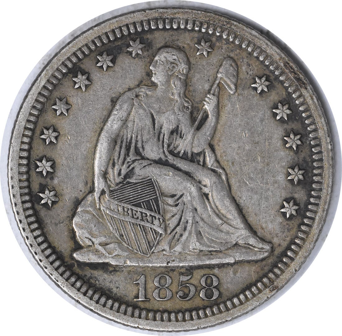1858 Liberty Seated Quarter 90% Silver EF Uncertified Philadelphia Mint: 1858 Liberty Seated Quarter 90% Silver EF Uncertified Philadelphia Mint This 1858 Liberty Seated Silver Quarter is a remarkable piece of American numismatic history. Struck in Philadelphia, this quart