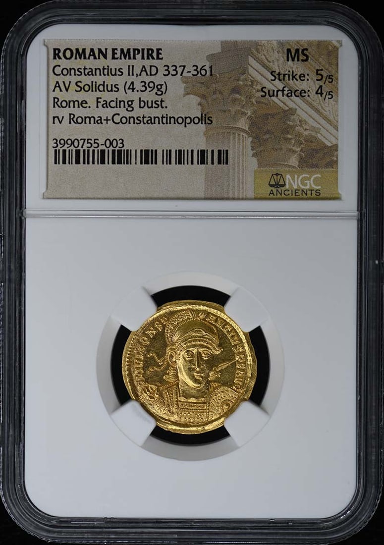 Roman Gold Solidus of Constantius II 4.39g NGC MS Certified: Roman Gold Solidus of Constantius II 4.39g NGC MS Certified This is a Roman Empire AV Solidus from the reign of Constantius II, dating from AD 337-361. The coin weighs 4.39 grams and has been graded M