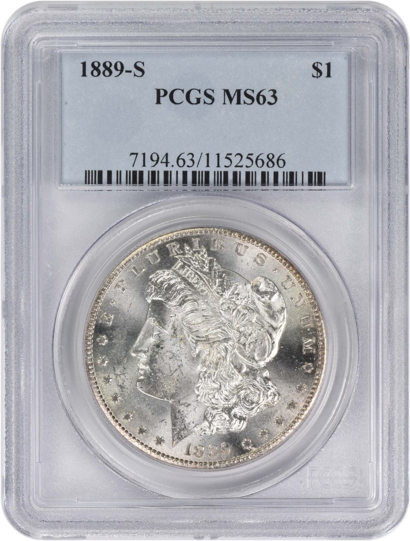 PCGS MS63 1889 San Francisco Morgan Dollar 90 Percent Silver: PCGS MS63 1889 San Francisco Morgan Dollar 90 Percent Silver This 1889-S Morgan Silver Dollar is an uncirculated coin graded MS63 by PCGS. Minted in San Francisco, it features a composition of 90% sil