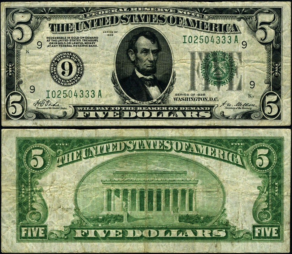 1928 $5 Federal Reserve Note Minneapolis I-A Block VF Uncertified (1 of 3)