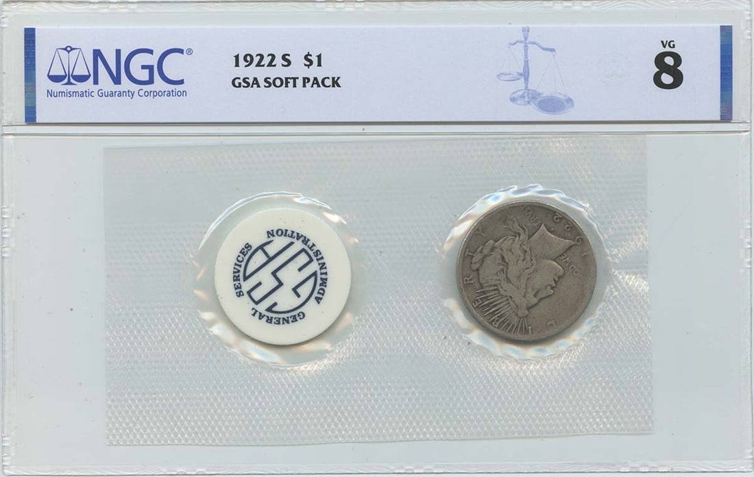 1922 San Francisco Peace Dollar NGC VG8 Soft Pack GSA: 1922 San Francisco Peace Dollar NGC VG8 Soft Pack GSA This 1922-S Peace Dollar is a circulated silver coin graded VG8 by NGC. Minted in San Francisco, it is presented in a GSA soft pack and comes with