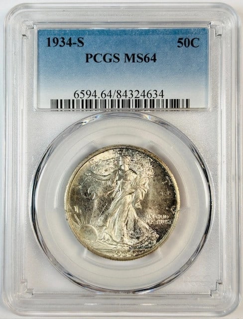 San Francisco 1934 Silver Half Dollar PCGS MS64 Uncirculated Coin: San Francisco 1934 Silver Half Dollar PCGS MS64 Uncirculated Coin This is a 1934 S Walking Liberty Half Dollar graded MS-64 by PCGS. The coin is composed of silver, was minted in San Francisco, and is