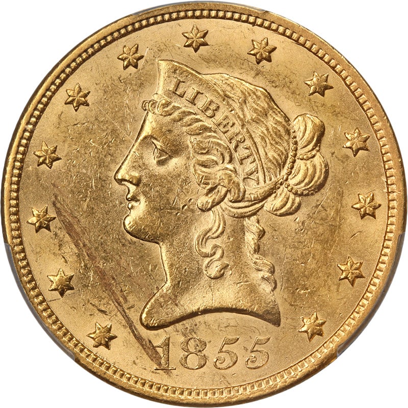 1855-P Liberty Gold $10 Coin PCGS Unc Details Strong Luster (1 of 4)