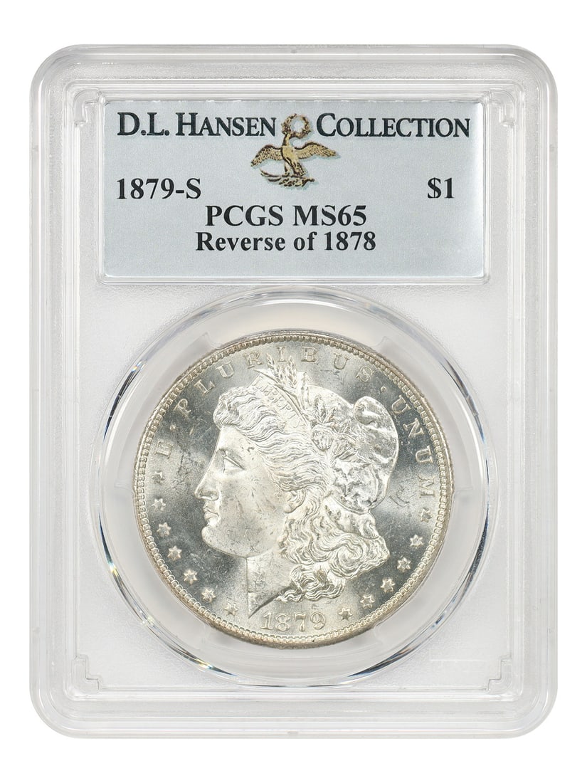PCGS MS65 Morgan Dollar 1879-S Reverse of 1878 ex D L Hansen: PCGS MS65 Morgan Dollar 1879-S Reverse of 1878 ex D L Hansen This 1879-S Morgan Dollar features the sought-after Reverse of 1878 variety, recognized as a Top-100 VAM. Graded MS65 by PCGS, this uncircu