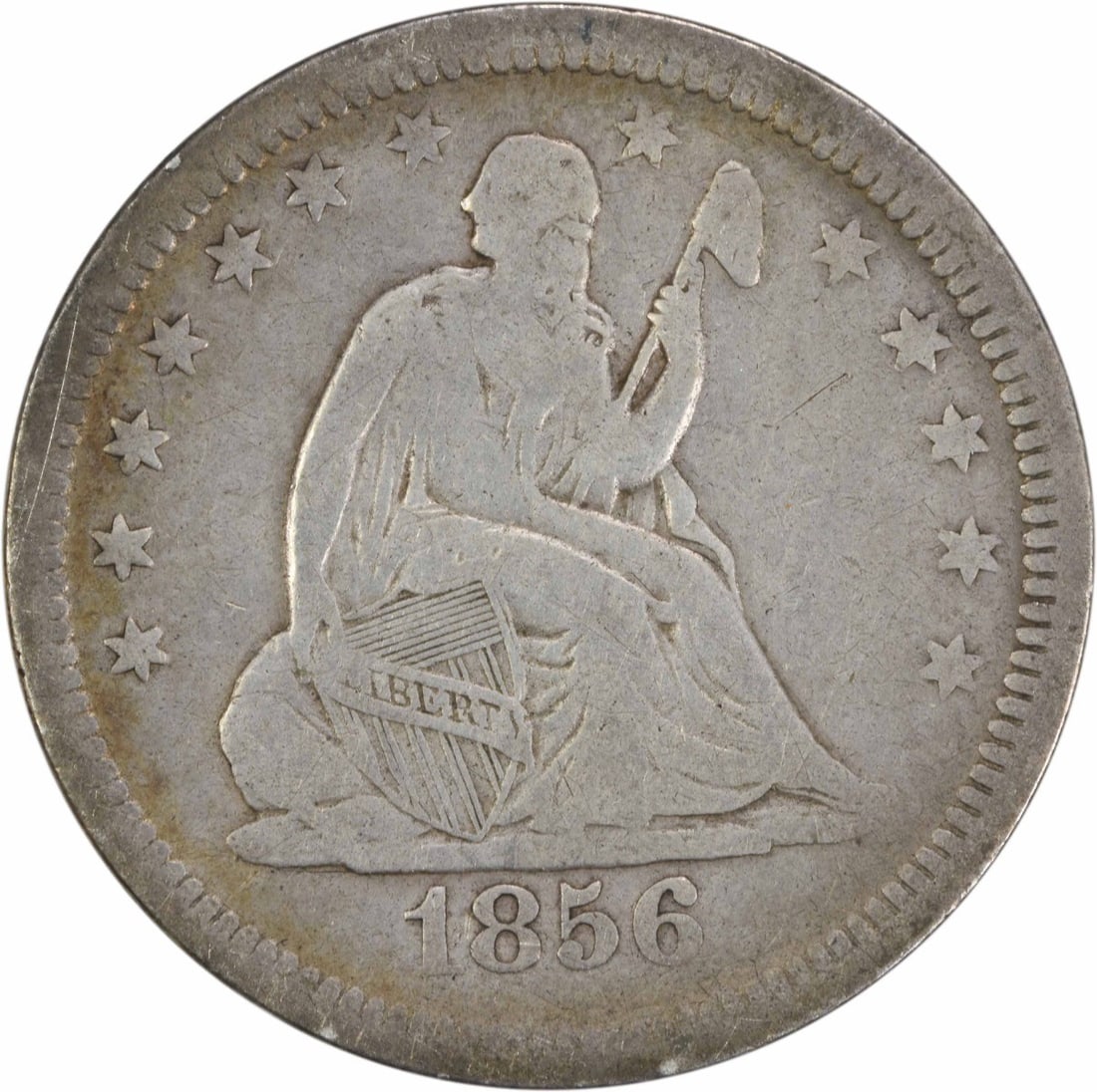 1856 Liberty Seated Quarter 90% Silver Uncertified Philadelphia Mint: 1856 Liberty Seated Quarter 90% Silver Uncertified Philadelphia Mint This 1856 Liberty Seated Quarter showcases an iconic design with a graceful seated figure, representing liberty. Minted in Philadel