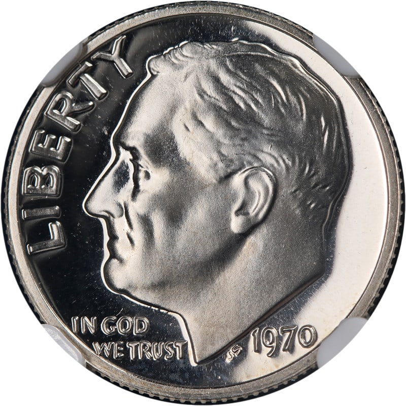 1970 No S Proof Roosevelt Dime NGC PF68 Cameo United States Coin: 1970 No S Proof Roosevelt Dime NGC PF68 Cameo United States Coin This 1970 Roosevelt Dime No 'S' Proof is graded NGC PF68 Cameo, showcasing excellent luster, strong strike, and black and white cameo c