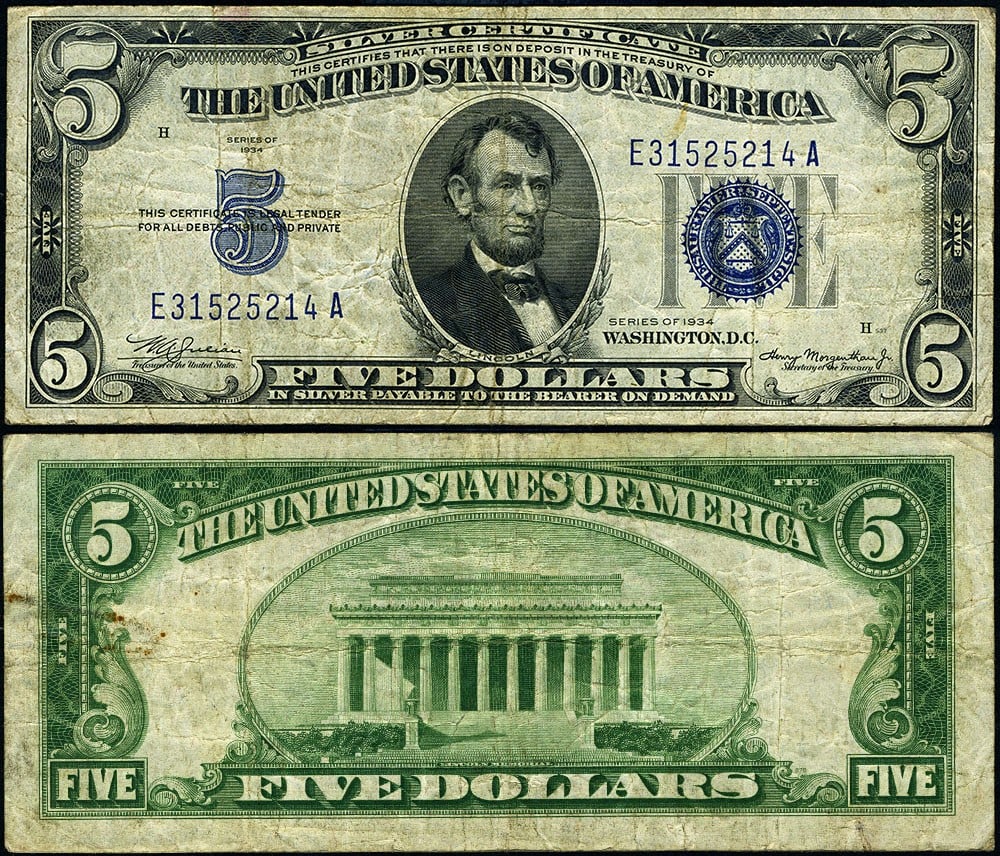 1934 $5 Silver Certificate Non-Mule E-A Block VF Circulated (1 of 3)