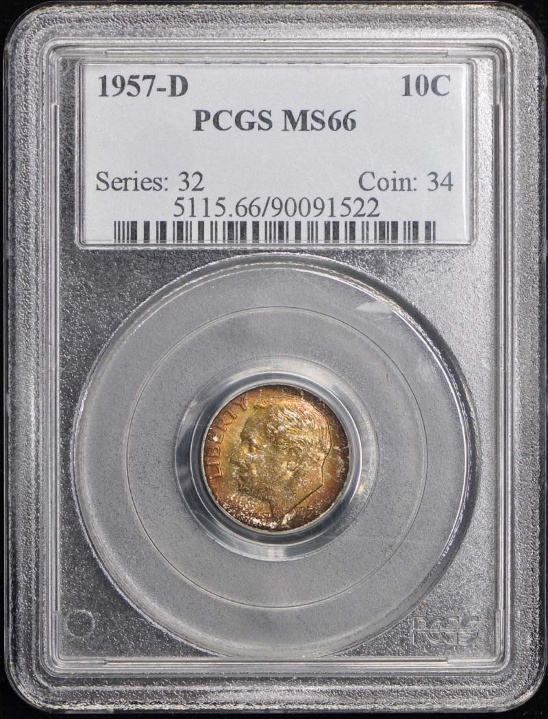 1957-D PCGS MS66 Roosevelt Dime Uncirculated Denver Mint: 1957-D PCGS MS66 Roosevelt Dime Uncirculated Denver Mint This 1957-D Roosevelt Dime is graded MS66 by PCGS, ensuring its uncirculated condition. Struck at the Denver mint, this coin showcases exceptio