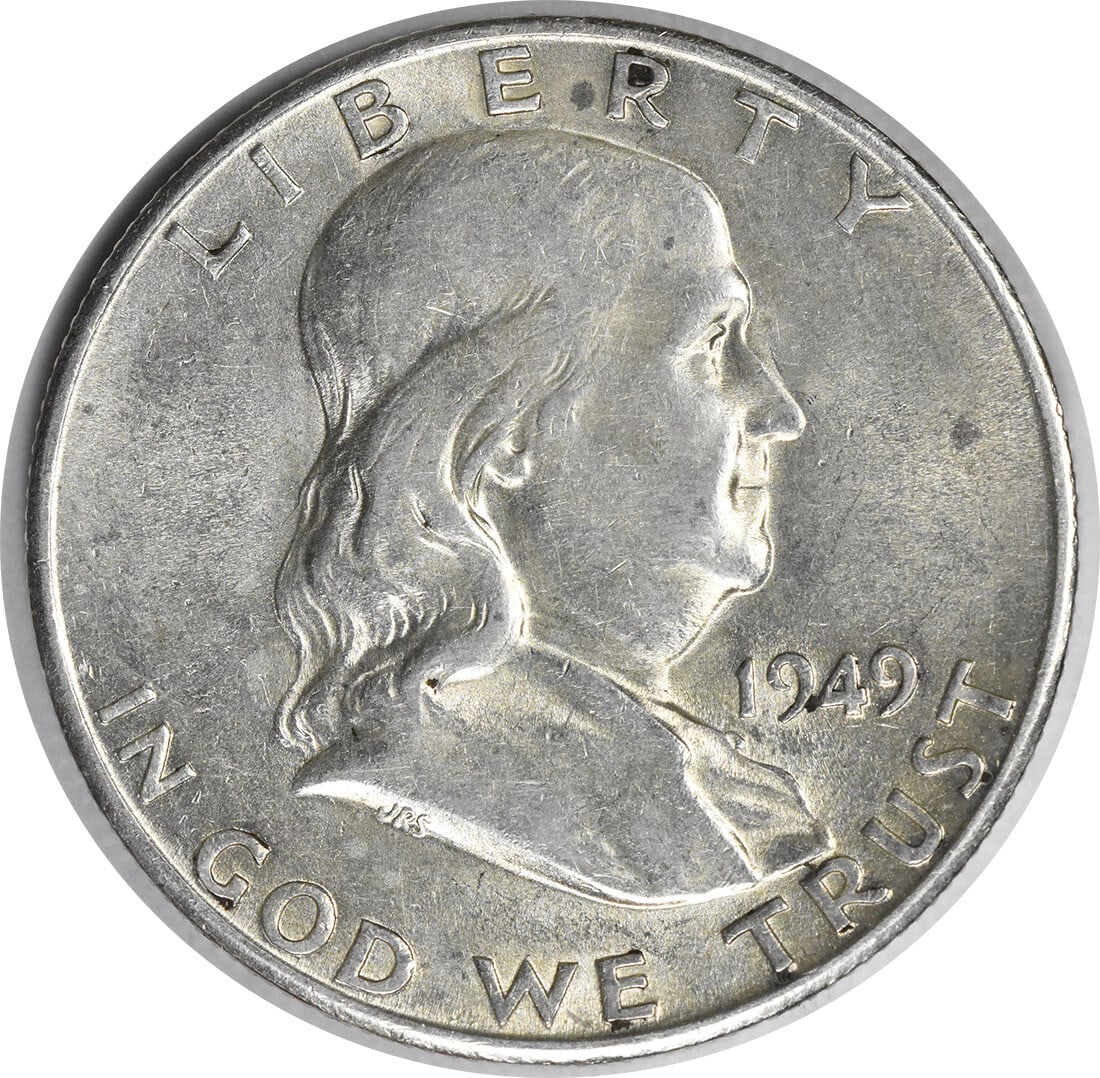 San Francisco 1949-S Franklin Half Dollar 90 Percent Silver AU Uncertified: San Francisco 1949-S Franklin Half Dollar 90 Percent Silver AU Uncertified This 1949-S Franklin Half Dollar is composed of 90% silver and 10% copper, minted in San Francisco. Featuring the design by J