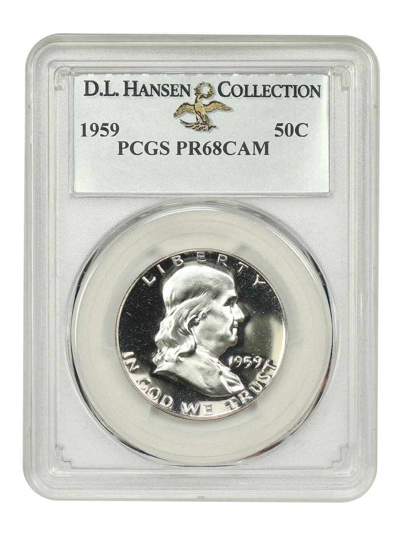 1959 Franklin Half Dollar PCGS PR68CAM Uncirculated D.L. Hansen: 1959 Franklin Half Dollar PCGS PR68CAM Uncirculated D.L. Hansen This stunning 1959 Franklin Half Dollar is graded PR68CAM by PCGS, showcasing exceptional quality with brilliant mirrors that create a s