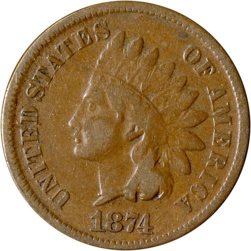 1874 Copper United States Indian Head Cent Coin Circulated (1 of 2)