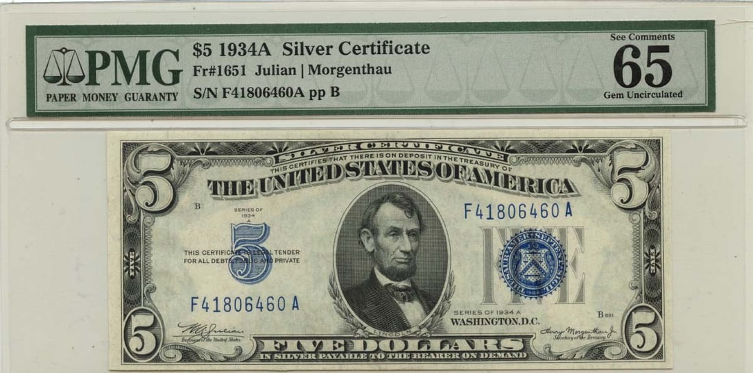 1934A $5 Silver Certificate PMG Gem 65 EPQ Type 1651: 1934A $5 Silver Certificate PMG Gem 65 EPQ Type 1651 This 1934A $5 Silver Certificate, designated as Fr# 1651, is certified by PMG with a remarkable grade of Gem 65 EPQ. This uncirculated note feature