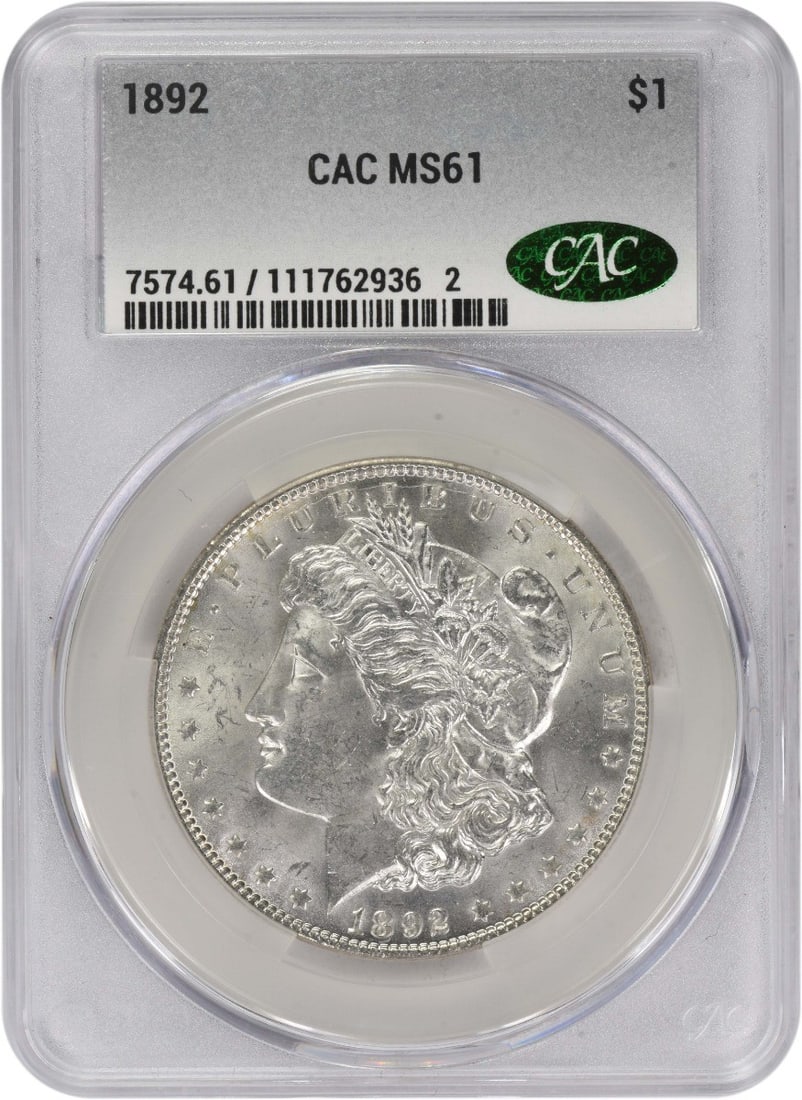 MS61 CACG Graded 1892 Morgan Dollar 90 Percent Silver Philadelphia Mint: MS61 CACG Graded 1892 Morgan Dollar 90 Percent Silver Philadelphia Mint This 1892 Morgan Silver Dollar from the Philadelphia Mint is graded MS61 by CACG and features the design by George T. Morgan. Co
