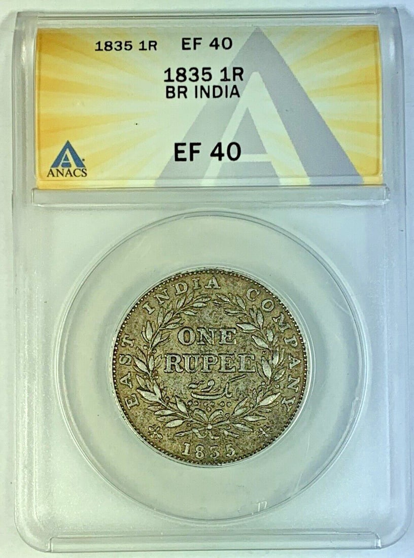 ANACS XF 40 India 1835 British One Rupee Silver Coin: ANACS XF 40 India 1835 British One Rupee Silver Coin This 1835 One Rupee coin from British India is graded XF 40 by ANACS. It originates from India and represents a historical period under British rul