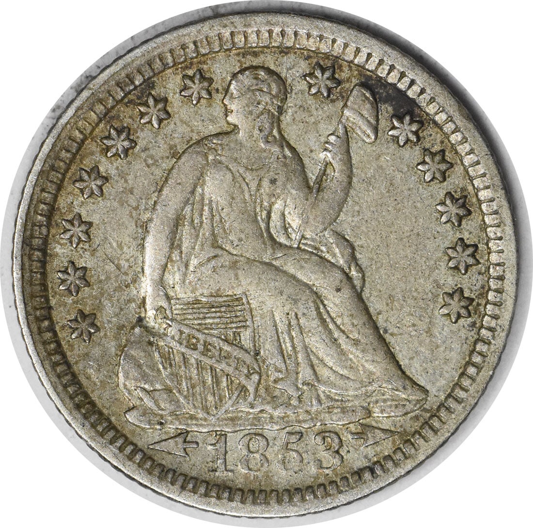 1853 Liberty Seated Half Dime 90% Silver Uncertified AU Coin: 1853 Liberty Seated Half Dime 90% Silver Uncertified AU Coin This 1853 Liberty Seated Silver Half Dime features a beautiful design by Christian Gobrecht, showcasing the iconic seated liberty motif. Th