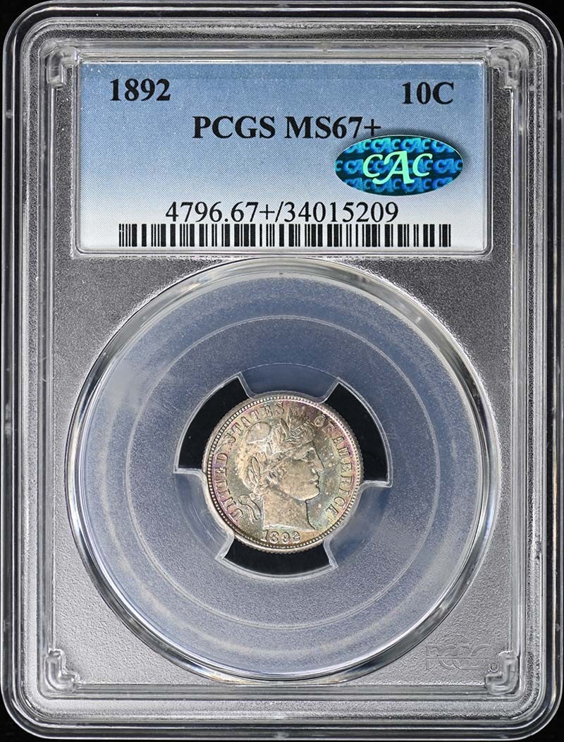 1892 Barber Dime PCGS MS67+ with CAC Certification: 1892 Barber Dime PCGS MS67+ with CAC Certification This 1892 Barber Dime is certified by PCGS with a high grade of MS67+, indicating its exceptional uncirculated condition. Minted in Philadelphia, thi