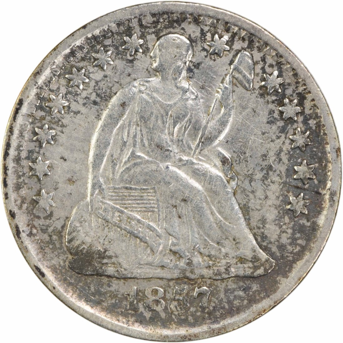 1857 Liberty Seated Half Dime Uncertified 90% Silver US Coin: 1857 Liberty Seated Half Dime Uncertified 90% Silver US Coin This 1857 Liberty Seated Silver Half Dime is a remarkable piece of American numismatic history. Struck at the Philadelphia Mint, this circu