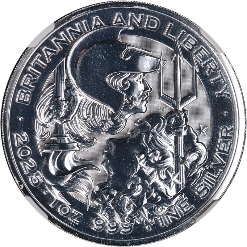 NGC MS70 2025 Silver Britannia and Liberty 2 Pound Coin First Releases: NGC MS70 2025 Silver Britannia and Liberty 2 Pound Coin First Releases This 2025 Great Britain Silver 2 Pound Britannia & Liberty coin is graded NGC MS70, indicating a perfect uncirculated condition.
