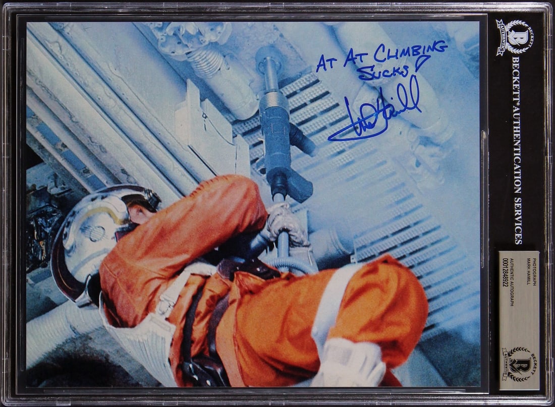 Mark Hamill Signed Star Wars 8x10 Photo At At Climbing Sucks BAS Authenticated: Mark Hamill Signed Star Wars 8x10 Photo At At Climbing Sucks BAS Authenticated This authentic 8x10 photograph features a personal inscription "At At Climbing Sucks!" and has been signed by Mark Hamill