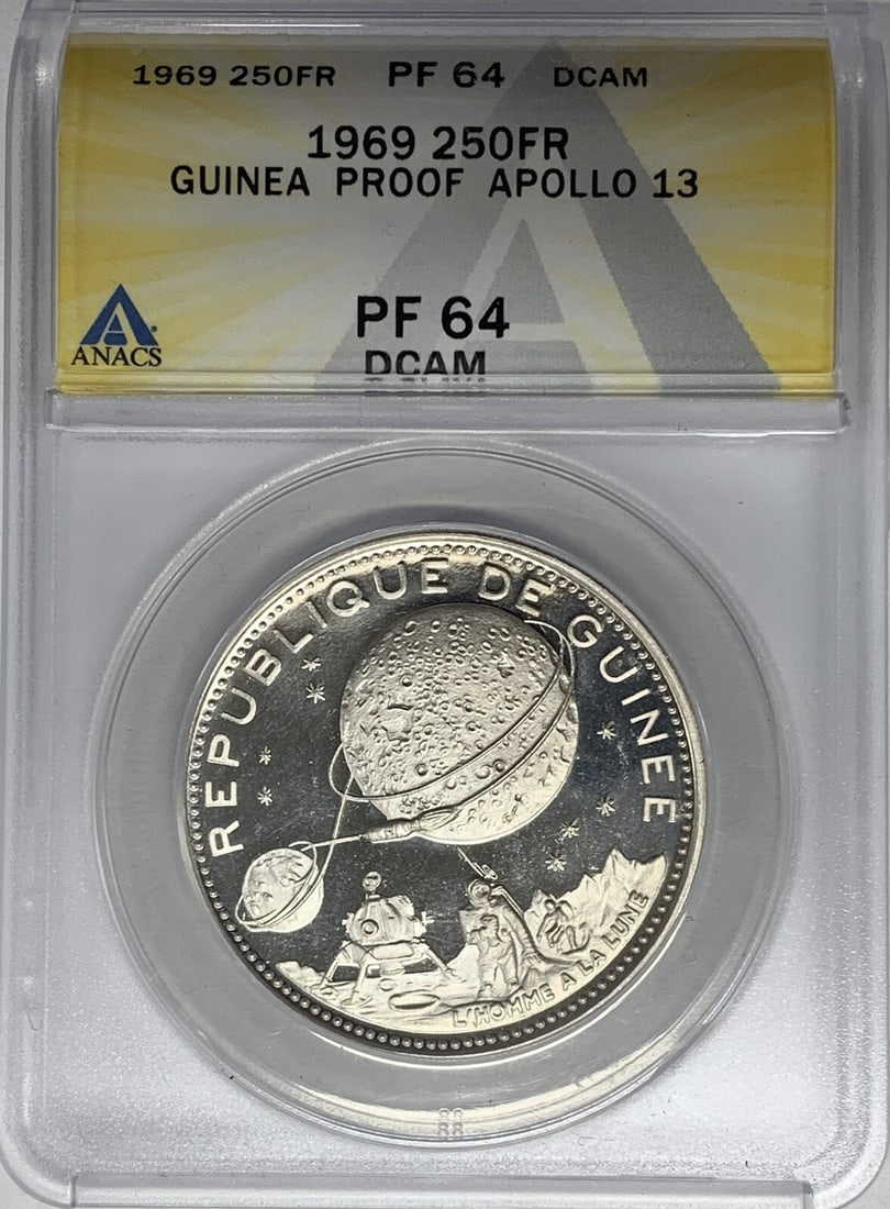Guinea 1969 Silver 250 Francs Proof Apollo 13 ANACS PR 64 DCAM Coin: Guinea 1969 Silver 250 Francs Proof Apollo 13 ANACS PR 64 DCAM Coin This is a 1969 Guinea 250 Francs proof coin commemorating the Apollo 13 mission. The coin is composed of silver and has been profess