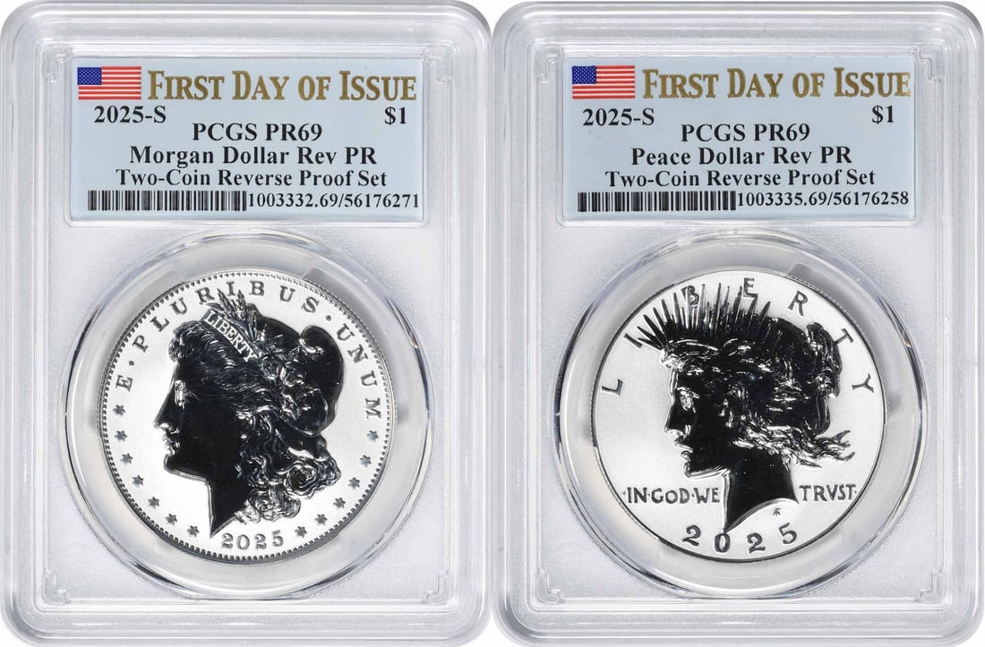 PCGS PR69 FDOI 2025 Morgan Peace Reverse Proof Silver Dollar Two-Coin Set S Mint: PCGS PR69 FDOI 2025 Morgan Peace Reverse Proof Silver Dollar Two-Coin Set S Mint This 2025 two-coin set includes a Morgan and a Peace Silver Dollar, each in reverse proof finish. Both coins are