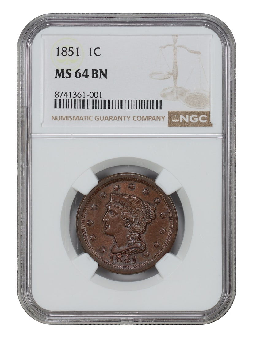 NGC MS64BN 1851 Braided Hair Large Cent Philadelphia Mint: NGC MS64BN 1851 Braided Hair Large Cent Philadelphia Mint This is an 1851 Braided Hair Cent, certified by NGC with a grade of MS64BN. The coin is uncirculated and was struck at the Philadelphia Mint.