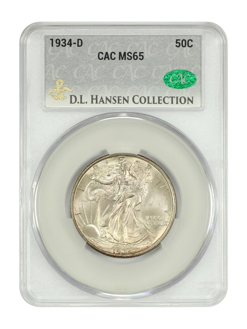 CACG MS65 1934 Denver Walking Liberty 50C Half Dollar ex D L Hansen: CACG MS65 1934 Denver Walking Liberty 50C Half Dollar ex D L Hansen This 1934-D Walking Liberty Half Dollar is a CACG-certified MS65 coin from the Denver mint. It features modest toning and ample