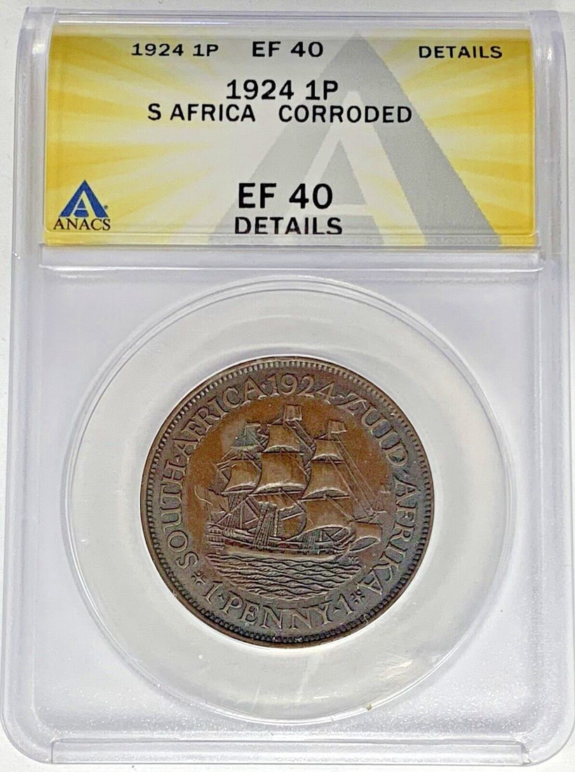 ANACS XF 40 South Africa 1924 One Penny Copper Coin Corroded Details: ANACS XF 40 South Africa 1924 One Penny Copper Coin Corroded Details This 1924 South Africa 1 Penny coin is certified by ANACS with an XF 40 grade, indicating it is in extremely fine condition with so