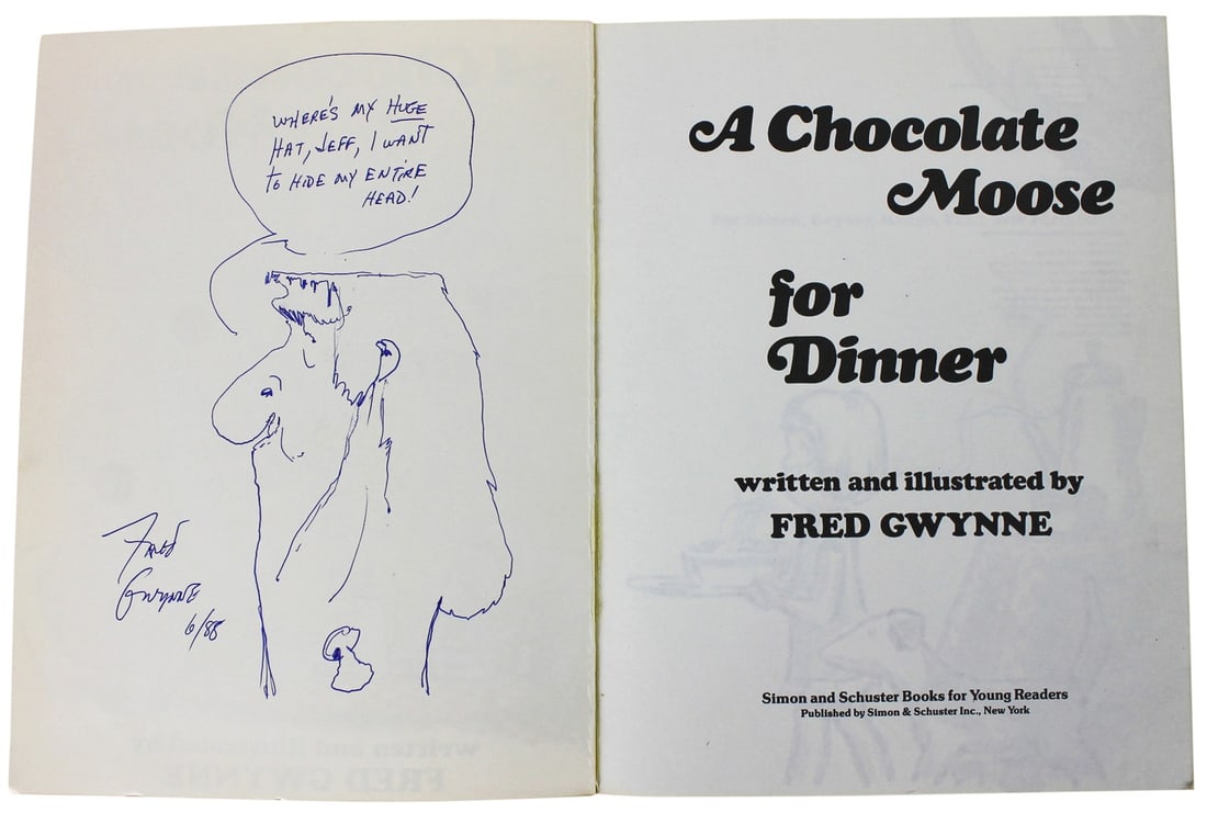 Fred Gwynne Signed A Chocolate Moose For Dinner Book with Sketch BAS #A03160: Fred Gwynne Signed A Chocolate Moose For Dinner Book with Sketch BAS #A03160 This unique item features a signed copy of "A Chocolate Moose For Dinner" by Fred Gwynne, renowned for his iconic role as H