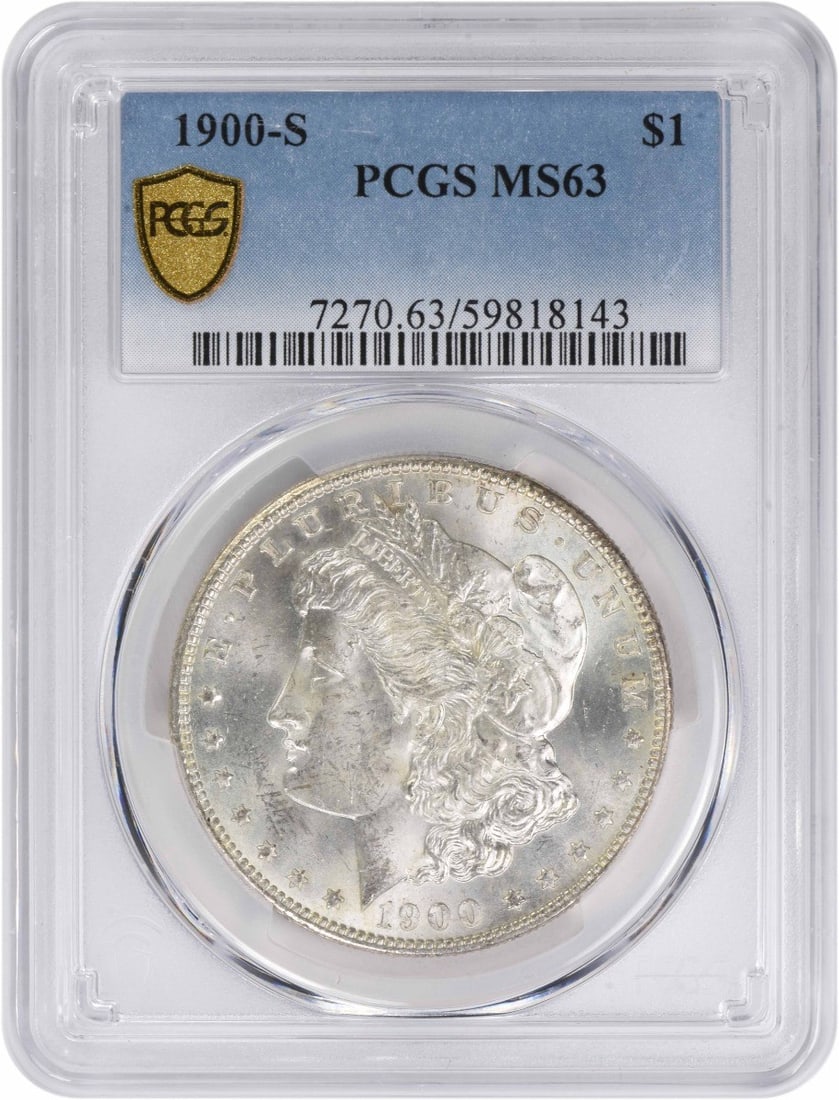 PCGS MS63 Graded 1900 San Francisco Morgan Silver Dollar: PCGS MS63 Graded 1900 San Francisco Morgan Silver Dollar This 1900-S Morgan Silver Dollar is graded MS63 by PCGS and was minted in San Francisco. Composed of 90% silver and 10% copper, this uncirculat