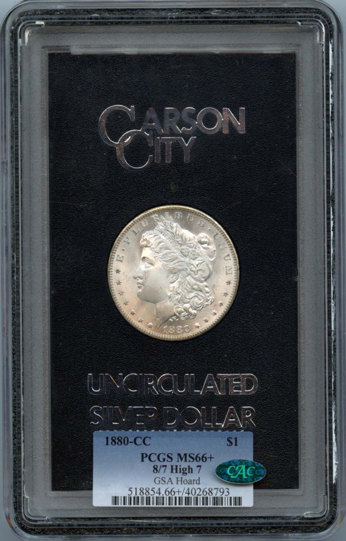PCGS MS66+ CAC 1880 Carson City Morgan Dollar from GSA Hoard: PCGS MS66+ CAC 1880 Carson City Morgan Dollar from GSA Hoard This 1880-CC Morgan Dollar is part of the GSA Hoard and has been graded MS66+ by PCGS, with a CAC approval. Struck at the Carson City Mint,