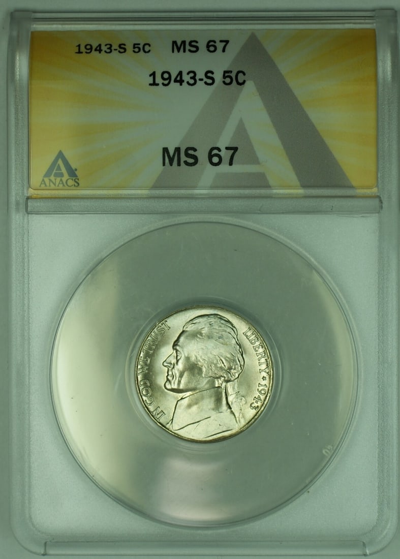 ANACS MS 67 1943-S Jefferson 5C Silver Nickel United States Coin: ANACS MS 67 1943-S Jefferson 5C Silver Nickel United States Coin This 1943-S Jefferson Nickel is composed of silver and has been graded MS 67 by ANACS. The coin is uncirculated and originates from the