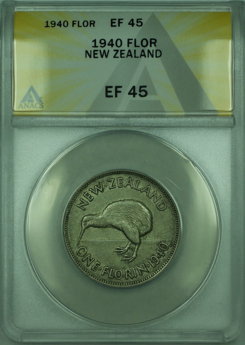 New Zealand 1940 Silver Florin ANACS EF 45 Certified Coin KM 4: New Zealand 1940 Silver Florin ANACS EF 45 Certified Coin KM 4 This 1940 New Zealand 1 Florin silver coin is certified by ANACS with a grade of EF 45. The coin is circulated and composed of silver, fe