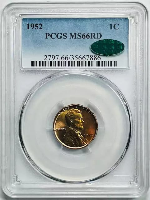 PCGS MS66 RD CAC 1952 Philadelphia Lincoln Wheat Cent Copper Coin: PCGS MS66 RD CAC 1952 Philadelphia Lincoln Wheat Cent Copper Coin This 1952 Lincoln Wheat Penny is a small cent struck at the Philadelphia Mint, graded MS-66 Red by PCGS and verified by CAC. The coin