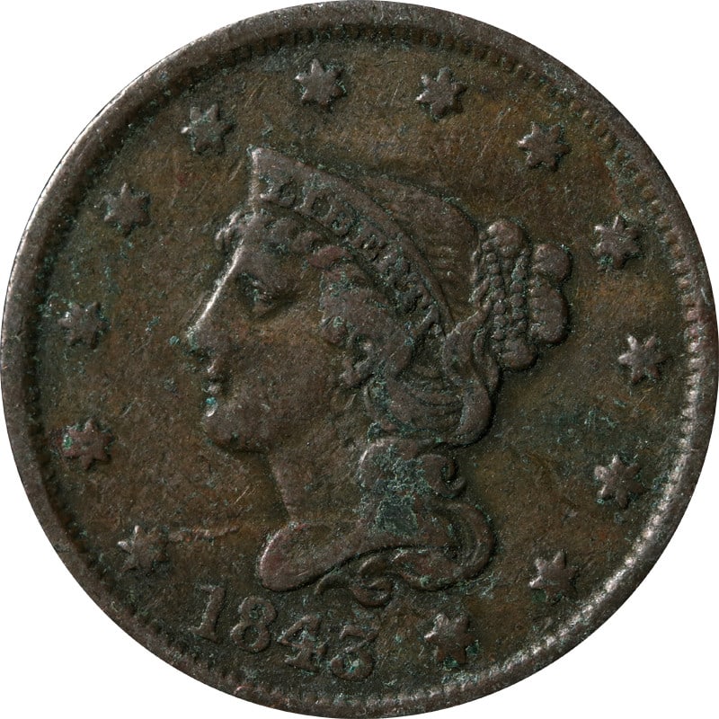1843 United States Copper Large Cent Coin Circulated Uncertified (1 of 2)