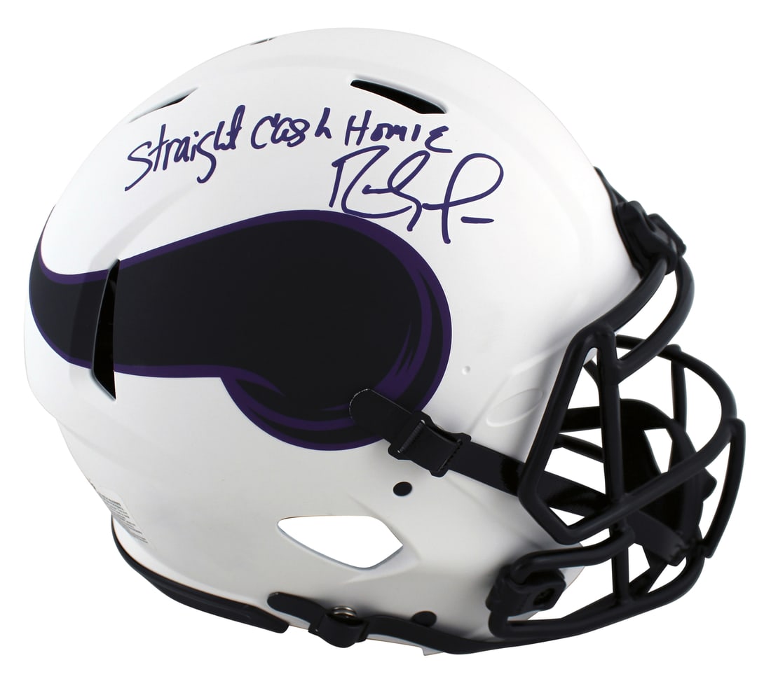 Randy Moss Signed Vikings Lunar Full Size Helmet with BAS Authentication: Randy Moss Signed Vikings Lunar Full Size Helmet with BAS Authentication This authentic full-size Speed Proline helmet, featuring the iconic Minnesota Vikings design, has been personally signed by leg