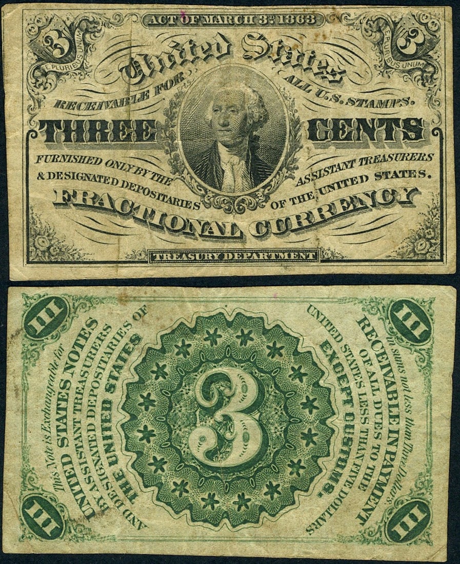 FR. 1226 3 Cent 3rd Issue Fractional Note Light Background VF+ (1 of 3)