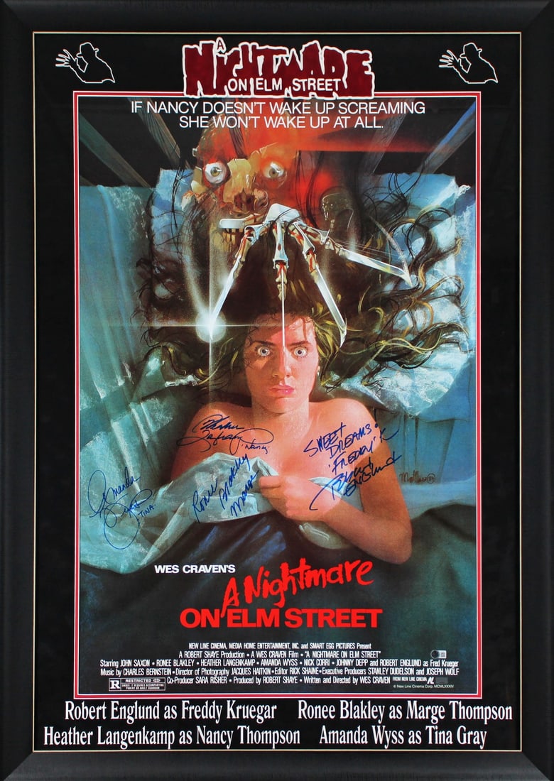 A Nightmare on Elm Street Signed Framed Poster with 4 Autographs BAS LOA: A Nightmare on Elm Street Signed Framed Poster with 4 Autographs BAS LOA This stunning and unique framed poster features autographs from iconic stars of A Nightmare on Elm Street: Robert Englund, Heat